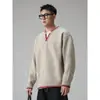 Suéter de punto con cuello en V para hombre, tejido patchwork de dos piezas simulado, sencillo y de corte holgado, suéter versátil para pareja, adecuado como prenda exterior, cuello en V