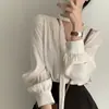 Em estoque: Camisa de cetim chique coreana para o início do outono, gola V, abotoamento simples, manga longa, roupas femininas, 25580