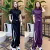 Conjunto de Verão Feminino Fashion Style Coreano High-End Slim-Fit Casual Esportivo Cinza Manga Curta Calça Wide-Leg Conjunto de Duas Peças Tendência
