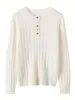 Suéter de cachemir estilo suave para mujer, cachemir puro nuevo, cuello redondo, acanalado, manga larga, tejido de punto con botones, suéter jersey