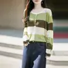 Cardigan de Punto Fino de Lana a Rayas Nuevo Otoño/Invierno 2026 para Mujer, Cuello Redondo, Manga Larga, Abrigo Superior Color Block