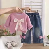 Conjunto de Ropa de Otoño para Niñas 2026 Nueva Moda Sudadera con Lazo para Bebé Manga Larga Conjunto de Dos Piezas Ropa para Bebés y Niños Venta al por Mayor