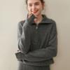 Suéter de Punto Grueso de Cachemira para Mujer, Manga Acampanada con Abertura, Medio Cremallera, Cuello Solapa, Estilo Holgado Perezoso para Otoño e Invierno