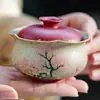 Tazón de Porcelana Azul y Blanca con Tapa Roja del Fabricante, Taza de Té Individual de Cerámica, Tazón de Té 'Sueño Flotante de Flor de Cerezo' con Tapa, Juego de Té Kung Fu de Alta Gama
