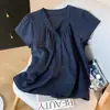 Camisa Retro Francesa con Cuello en V para Mujer Verano 2025 Nueva Camisa Holgada de Manga Corta con Botones