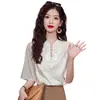Nueva Camisa Satinada de Manga Corta Estilo Chino Nacional para Mujer, Nuevo Modelo Verano 2025, Top Elegante de Gasa de Alta Gama Chic