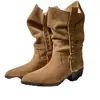 Botas de Otoño para Mujer 2026 Tacón Grueso Punta Fina Versátiles Adelgazantes Hebilla de Cuero Apilado Otoño Nuevo Botas de Mezclilla Estilo Retro Occidental