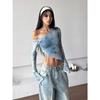 Top Americano Retrô Hottie Ombro Inclinado Mesh Jazz Manga Longa Azul Camiseta Feminina