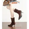 Botas Stiletto Novas Outono e Inverno 2025 para Mulheres Pretas Super Quentes Botas Plissadas Salto Alto Botas de Cavaleiro com Forro de Lã
