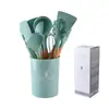 Conjunto de Utensílios de Cozinha de Silicone de 12 Peças, Conjunto de Utensílios de Cozinha de Silicone com Cabo de Madeira com Balde de Armazenamento, Conjunto de Espátulas e Colheres de Cozinha com Cabo de Madeira de Faia