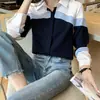 Camisa de Manga Larga Nueva de Primavera 2025 para Mujer, Cuello Solapa, Bloques de Color, Corte Ajustado, Estilo Regular