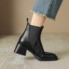 Botas Femininas de Salto Alto Grosso Estilo Francês Botas Curtas Primavera e Outono 2025 Novas Botas Pretas Bico Quadrado Botas Chelsea