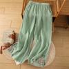Pantalones de pierna ancha de algodón y lino estilo étnico pantalones casuales de mujer este verano nuevos pantalones bordados chinos verdes cintura elástica