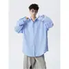 Camisa Masculina Xadrez Azul Americano Manga Longa Lapela Outono Marca Tendência Solta Casual Estilo Preguiçoso Camisa Jaqueta Versátil