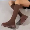 Botas femininas de outono e inverno 2026, estilo europeu e americano, plus size, novas, botas tipo meia de malha elástica até o meio da panturrilha com solas plataforma grossas e cano longo