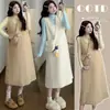 Vestido Suéter de Lã Doce Coreano, Para Usar na Gravidez, Bolsa Camada, Look Emagrecedor Outono e Inverno Novo Conjunto Maternidade