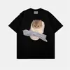 Camiseta de seda de leite de verão nicho original estampa de gato fita manga curta top unissex