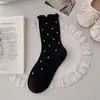 Calcetines con Borde Fruncido para Mujer, Longitud Media Pantorrilla, Estilo Delgado de Verano, Algodón Peinado, Estilo Japonés Dulce Floral, Estilo Academia con Encaje, Calcetines Caídos