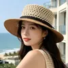 Sombrero de Paja Transpirable de Ala Plana con Calados Estilo Hepburn para Mujer, Sombrero de Paja para Vacaciones en la Playa de Verano