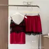 Pijama de Verano Estilo Francés con Tirantes, Pantalones Cortos con Copas en el Pecho, Abertura en la Espalda, Ribete de Encaje, Seda Helada, Ropa de Casa Sexy de Verano