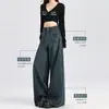 Jeans Americano Retrô Azul Escuro de Perna Larga para Mulheres Outono 2025 Novo Cintura Alta Versátil Emagrecedor Caimento Calças de Comprimento Total