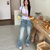 Calça Jeans Feminina de Cintura Alta Rasgada com Efeitos de Bigode, Tendência de Outono Versátil Novo Design Retro Perna Reta Emagrecedor Perna Larga