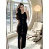 Vestido Elegante Ladylike Suave de Seda de Gelo de Botão Único Estilo Europeu e Americano Inspirado em Chanel Bodycon Tank Longo