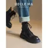 Versão em Couro de Vaca ~ Botas de Couro Genuíno com Solado Grosso para Mulheres Outono e Inverno 2025 Novo Estilo Estilo Britânico Botas Curtas Cool com Cadarço para Pessoas Baixas