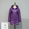 Cross-border 2023 novo outono e inverno leve jaqueta de plumas femininas de comprimento médio plus size com capuz slim plus size casaco atacado