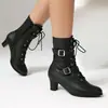 Botas Curtas Femininas com Cadarço Botas de Cano Curto Outono e Inverno Novo Estilo com Fivela de Cinto Botas Retrô Francesas Moda Botas Martin