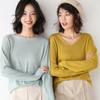 Suéter fino de cuello redondo y escote en V con volantes de color liso para mujer, suéter holgado que combina con todo, camisa con hombros caídos y suéter fino para primavera y otoño