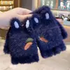 Guantes infantiles de medio dedo con tapa, lindos dibujos animados de Zanahoria Conejo, guantes con gorro, forro polar, cálidos, de moda