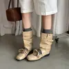 Sandalias de encaje estilo francés Chuyuji para mujer, nuevos zapatos poco profundos de punta cuadrada de dos vías 2026, botas de motociclista, botas de tacón plisadas