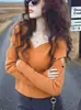 Top único y hermoso de color naranja con calados y cuello en V, elegante y con estilo, capa base de punto para mujer, perfecto para la primavera