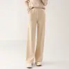 Pantalones de punto de lana 100% pura de pierna ancha para otoño e invierno, cintura alta para mujer, caída, cálidos pantalones de lana, cintura recta elástica, pantalones casuales