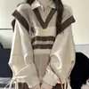 Traje de Dos Piezas/Primavera y Otoño Nuevo Estilo Japonés Dulce Estilo Preppy Chaleco de Punto con Cuello en V en Contraste Camisa Larga para Mujer