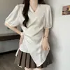 Estilo Levemente Maduro Tecido de Seda Tamanho Plus Feminino Verão Senso de Design Camisa com Decote V Amarrar Cintura Ajustada Estilo Francês Blusa de Nicho