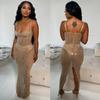 C6613 Transfronterizo Aliexpress Amazon Moda Europea y Americana para Mujer Color Puro Malla Diamante de Imitación Tirantes Falda Larga Vestido