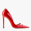 Zapatos de mujer de moda con punta de charol talla grande, tacón fino nuevo, hebilla de metal, zapatos de primavera y verano, cabeza redonda roja, pedido