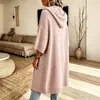 Abrigo de punto con capucha estilo europeo, gorro, cárdigan de punto para mujer, longitud media, suelto, manga tres cuartos, botones, estilo perezoso