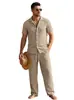 Traje casual jacquard de comercio exterior transfronterizo para hombre, top de camisa casual de manga corta con un solo botón para verano, pantalones largos holgados con cordón para hombre