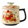 Taza de Gato de la Suerte Blanco Rocoso, Taza Cerámica con Separación de Té y Agua para Uso en Casa y Oficina, Caja de Regalo Corporativo para Clientes