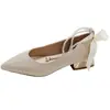 Sapatos Femininos Estilo Doce com Corrente de Pérolas Bico Fino 2026 Verão Novo Mary Jane Raso com Laço Sapatos de Casamento Estilo Fada