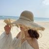 Chapéu de Palha Lafite com Fita de Renda Estilo Coreano Chapéu de Sol de Aba Larga para Mulheres Praia Viagem Beira-Mar Férias Chapéu Protetor Solar