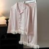 Pijama Francés de Seda de Hielo Nuevo Estilo 2026 para Mujer con Bordes Fruncidos, Cárdigan Atmosférico, Conjunto Delgado para Casa que se Puede Usar Afuera