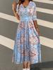 2025Tume Aliexpress Export Vestido Estampado Bohemio Elegante Elegante Cuello en V Vestido de Manga Larga
