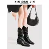 Botines finos de punta para mujer de piel de vaca, botines cortos de otoño/invierno, botas de montar retro de tacón grueso, botas western holgadas arrugadas