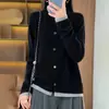 Cardigan de tricô com gola redonda para outono e inverno para mulheres, 2025, design color-block, manga longa, grosso e adequado para usar no inverno