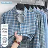[100% Algodão] Nova coleção de outono: camisa xadrez, 100% algodão, acabamento escovado, resistente a rugas, de manga comprida, para uso business casual, atacado para homens