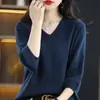 Estilo Nuevo Primavera y Verano Algodón Puro Tejido Cuello en V Canalé Manga Corta Moda Versátil Camiseta Básica Top de Manga Media para Mujer